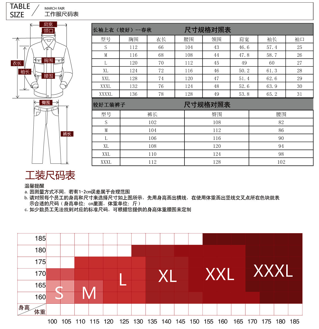 工作服尺碼表