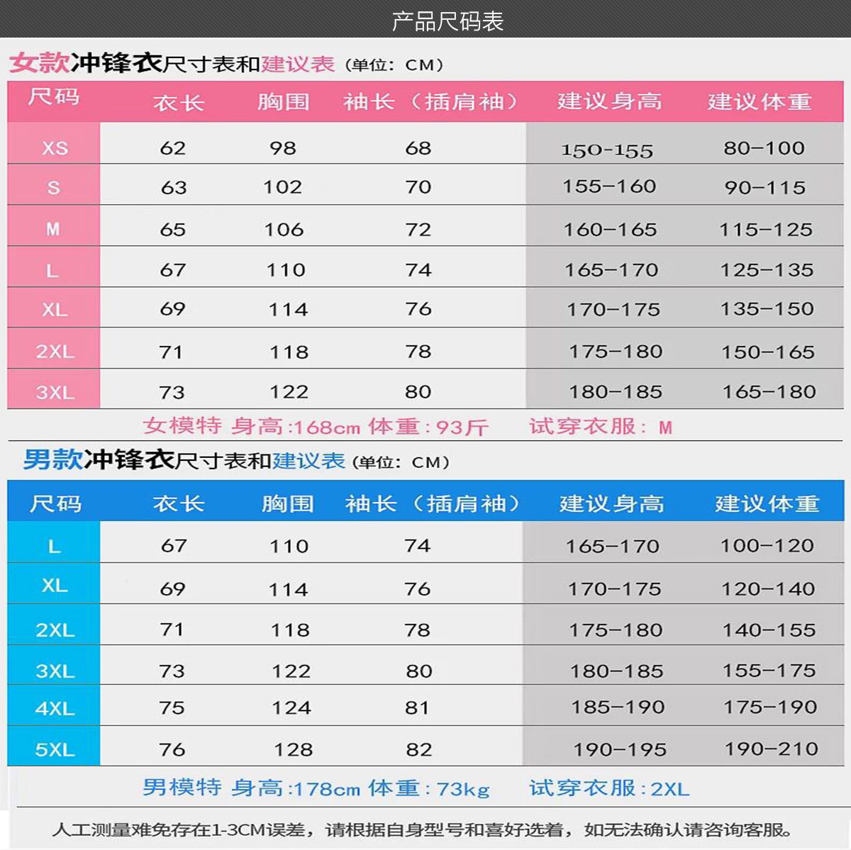 企業沖鋒衣的尺碼